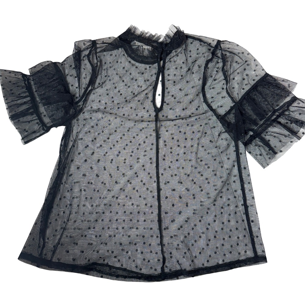 Leith Black High Neck Top L Sheer Mesh Polka‎ Dot Ruffle Goth Victorian Romantic